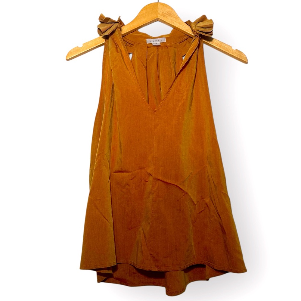 Vintage Hawks Ruffle Neck Orange/Gold Sleeveless Blouse, Size Medium